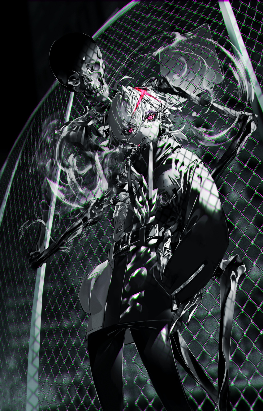 1boy absurdres ahoge belt black_sky chromatic_aberration cigarette commentary earrings expressionless fence greyscale hair_between_eyes highres jacket jewelry long_hair looking_at_viewer male_focus monochrome mura_karuki night original outdoors pink_eyes ponytail sidelocks skeleton sky smoke solo