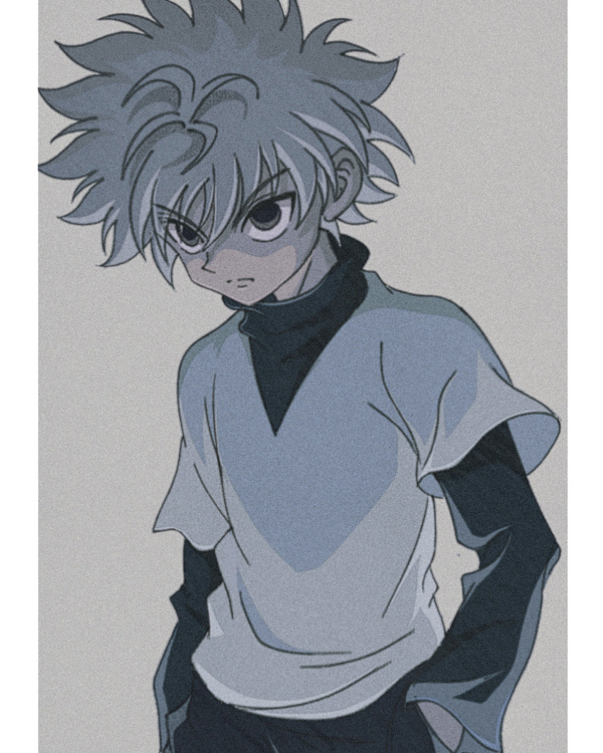 1boy absurdres blue_eyes cowboy_shot empty_eyes enoki_(gongindon) hands_in_pockets highres hunter_x_hunter killua_zoldyck layered_shirt long_sleeves looking_ahead male_focus serious shirt short_sleeves simple_background solo spiky_hair turtleneck white_hair white_shirt