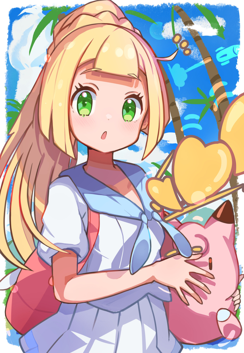 1girl :o absurdres backpack bag blonde_hair braid character_doll clefairy clouds commentary_request day doll eyelashes green_eyes highres holding holding_doll lillie_(pokemon) long_hair looking_at_viewer open_mouth outdoors palm_tree papion pink_bag pleated_skirt poke_doll_(item) pokemon pokemon_(game) pokemon_sm sailor_collar shirt short_sleeves skirt sky solo tree white_shirt white_skirt