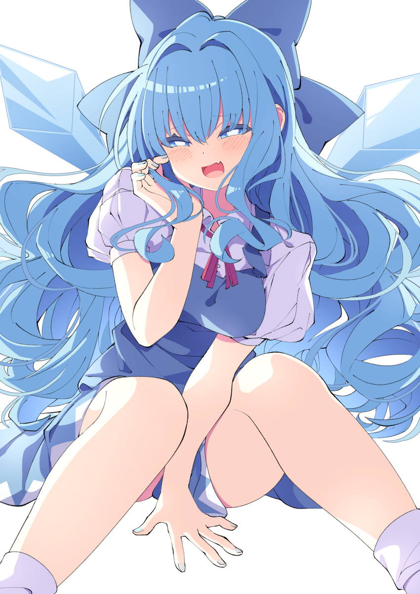 1girl absurdres blue_bow blue_dress blue_eyes blue_hair blue_nails blush bow cirno collared_shirt dress fairy fingernails hair_bow highres ice ice_wings long_hair looking_at_viewer nail_polish open_mouth shirt short_sleeves simple_background smile socks solo touhou tsukimirin white_background white_shirt white_socks wings
