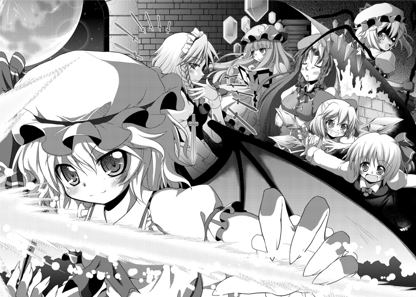 6+girls bat_wings blunt_bangs blush book bow braid breasts cirno closed_mouth collared_shirt crescent crescent_hat_ornament crystal detached_wings embodiment_of_scarlet_devil fang flandre_scarlet frilled_shirt_collar frilled_sleeves frills full_moon greyscale hair_bow hat hat_bow hat_ornament highres holding holding_book hong_meiling ice ice_wings iwanosuke izayoi_sakuya large_breasts long_hair looking_at_viewer maid maid_headdress medium_hair mob_cap monochrome moon multiple_girls open_book open_mouth patchouli_knowledge puffy_short_sleeves puffy_sleeves remilia_scarlet rumia shirt short_sleeves sleeping sleeping_upright spear_the_gungnir t-pose teeth touhou twin_braids vest wings