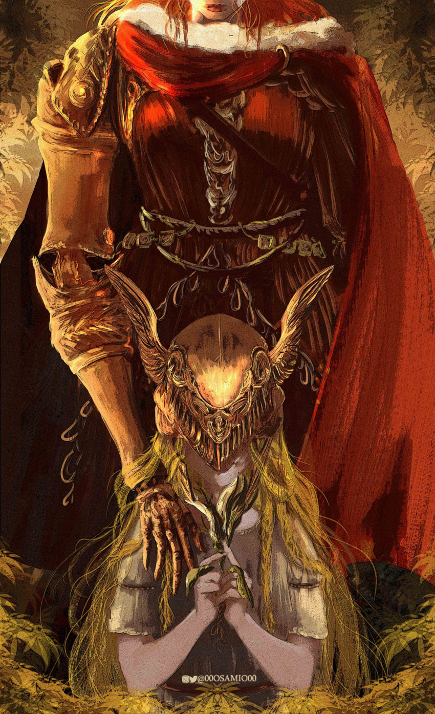 00osamio00 1boy 1girl amputee blonde_hair braid brother_and_sister cape covered_eyes elden_ring gold_armor head_out_of_frame helmet helmet_over_eyes highres long_hair malenia_blade_of_miquella mechanical_arms miquella_(elden_ring) multiple_braids own_hands_together prosthesis prosthetic_arm prosthetic_leg red_cape redhead robe siblings single_mechanical_arm standing white_robe white_tunic winged_helmet
