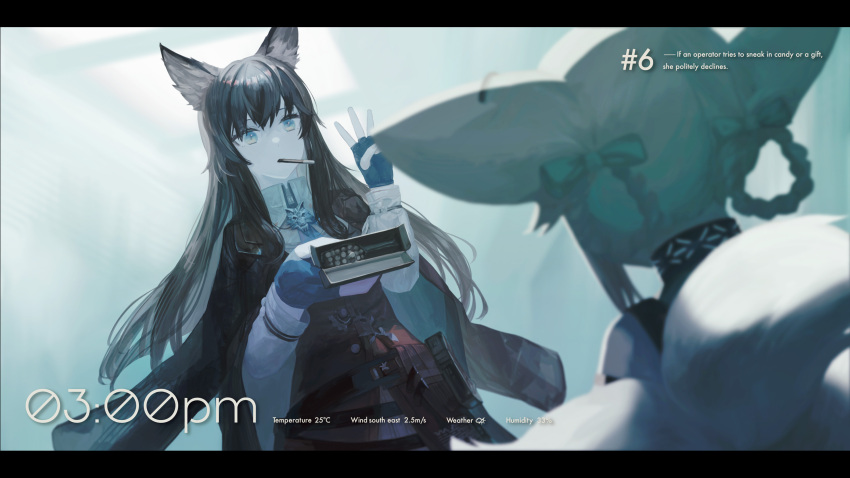 2girls 3syo absurdres animal_ear_fluff animal_ears arknights black_collar black_jacket blue_gloves box braid braided_hair_rings collar commentary_request fingerless_gloves food food_in_mouth fox_ears fox_girl fox_tail gloves hair_rings highres holding holding_box holding_food holding_pocky infection_monitor_(arknights) jacket jacket_on_shoulders kitsune kyuubi letterboxed long_hair mouth_hold multiple_girls multiple_tails pocky pocky_in_mouth shirt short_hair suzuran_(arknights) tail texas_(arknights) texas_the_omertosa_(arknights) twin_braids white_shirt wolf_ears wolf_girl yellow_eyes