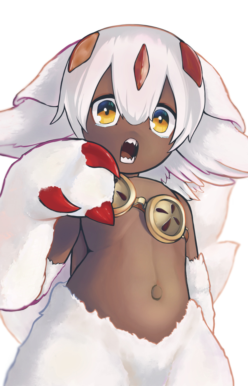 1girl absurdres animal_ears body_fur evermind faputa hair_between_eyes highres looking_at_viewer made_in_abyss multiple_tails non-web_source open_mouth orange_eyes simple_background solo tail upper_body white_background white_fur yellow_eyes