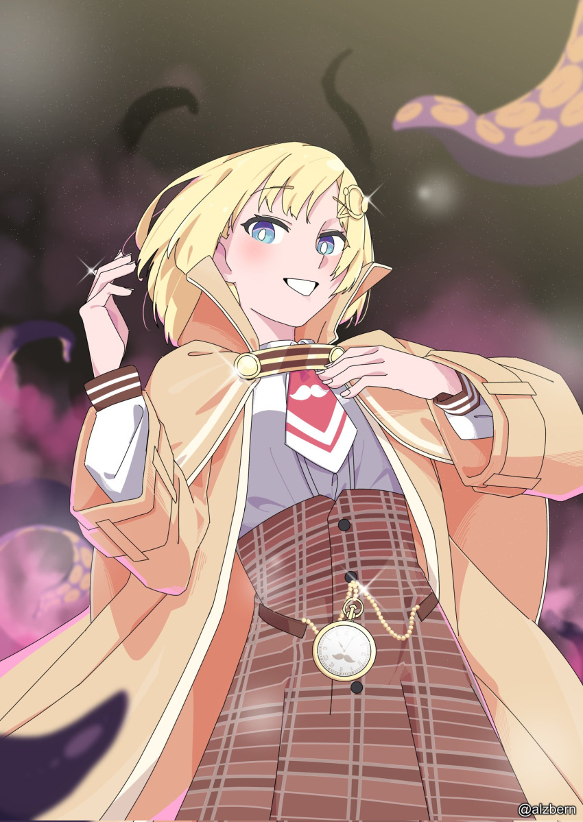 1girl alzbern blonde_hair blue_eyes brown_coat brown_skirt coat collared_shirt hair_ornament hat high-waist_skirt highres hololive hololive_english monocle_hair_ornament necktie pocket_watch red_necktie self-upload shirt short_hair skirt smile tentacles virtual_youtuber watch watson_amelia watson_amelia_(1st_costume) white_shirt