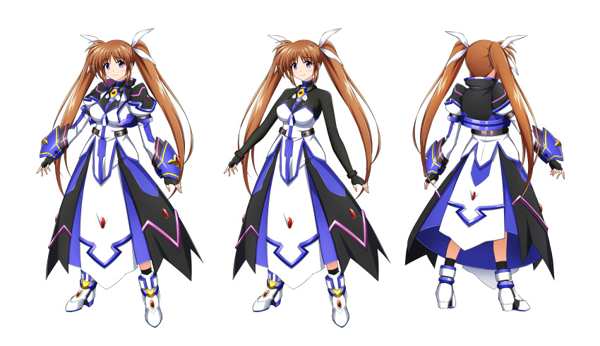1girl absurdres breasts brown_hair commentary_request fingerless_gloves gauntlets gloves hair_ribbon highres large_breasts long_hair lyrical_nanoha mahou_shoujo_lyrical_nanoha_detonation mahou_shoujo_lyrical_nanoha_strikers oshimaru026 ribbon solo takamachi_nanoha takamachi_nanoha_(formula_ii) twintails violet_eyes white_footwear