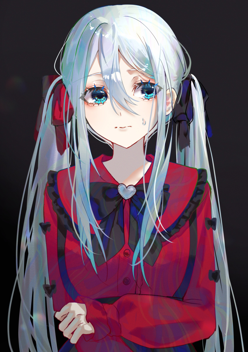 1girl absurdres alternate_costume aqua_eyes black_background black_bow black_ribbon bow commentary dress embarrassed frilled_dress frilled_sleeves frills grey_hair hair_between_eyes hair_ribbon highres jirai_kei long_hair looking_at_viewer project_sekai rayla_(rayla_illust) red_dress red_ribbon red_shirt ribbon shirt sidelocks simple_background sleeves_past_wrists solo sweatdrop swept_bangs twintails upper_body yoisaki_kanade
