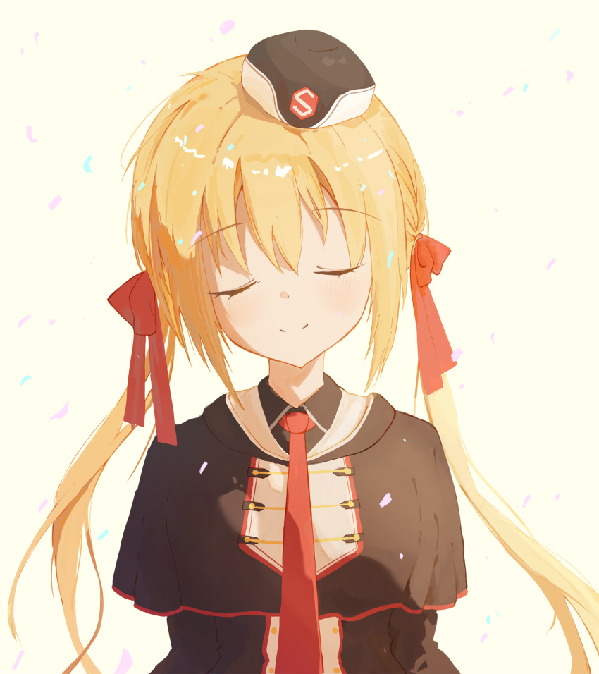 1girl arihara_nanami black_capelet black_headwear blonde_hair blush braid capelet closed_eyes closed_mouth commentary confetti eyelashes facing_viewer garrison_cap hair_ribbon hat head_tilt highres hood hood_down long_hair low_twintails necktie nkross red_necktie red_ribbon ribbon riddle_joker side_braid sidelighting simple_background smile solo twintails upper_body very_long_hair yellow_background