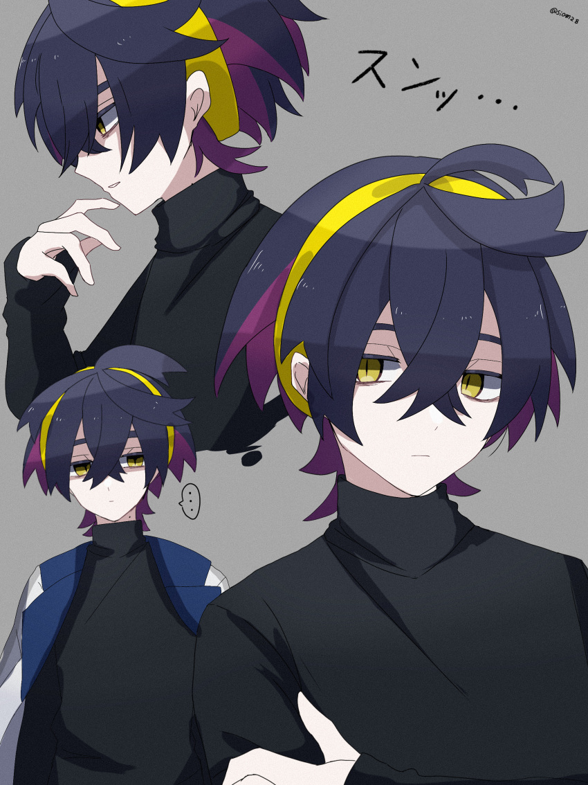 ... 1boy absurdres ahoge alternate_costume black_hair black_sweater closed_mouth colored_inner_hair commentary_request crossed_bangs grey_background hair_between_eyes hairband hand_up highres jacket kieran_(pokemon) male_focus multicolored_hair multiple_views mzw_(emkg3584) parted_lips pokemon pokemon_(game) pokemon_sv short_hair simple_background spoken_ellipsis sweater sweater_under_jacket yellow_eyes yellow_hairband