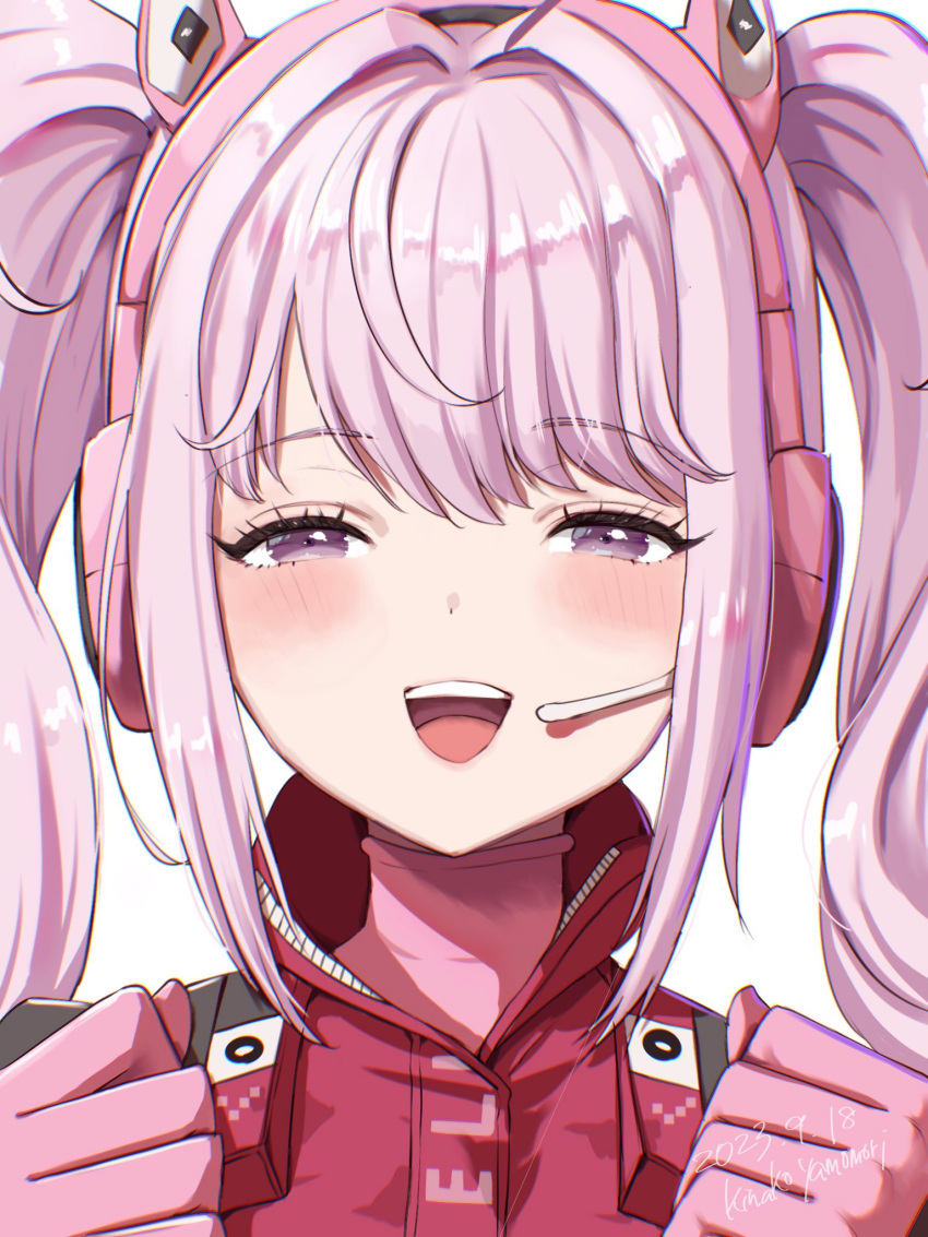 1girl alice_(nikke) animal_ear_headphones animal_ears blush bodysuit clenched_hands cropped_jacket fake_animal_ears gloves goddess_of_victory:_nikke half-closed_eyes headphones headset highres jacket long_hair looking_at_viewer multicolored_clothes multicolored_gloves open_mouth oyasu_(kinakoyamamori) pink_bodysuit pink_eyes pink_gloves pink_headphones red_jacket shrug_(clothing) skin_tight smile solo teeth twintails two-tone_gloves upper_teeth_only