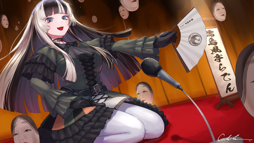 1girl absurdres black_gloves black_hair blue_eyes blunt_bangs cantela_camp choker dress fangs folding_fan frilled_dress frilled_sleeves frills gloves grey_hair hand_fan highres holding holding_fan hololive juufuutei_raden lace lace_choker long_hair looking_at_viewer makeup mask microphone multicolored_hair open_mouth pantyhose seiza signature sitting smile solo streaked_hair thick_eyelashes two-tone_background virtual_youtuber white_pantyhose