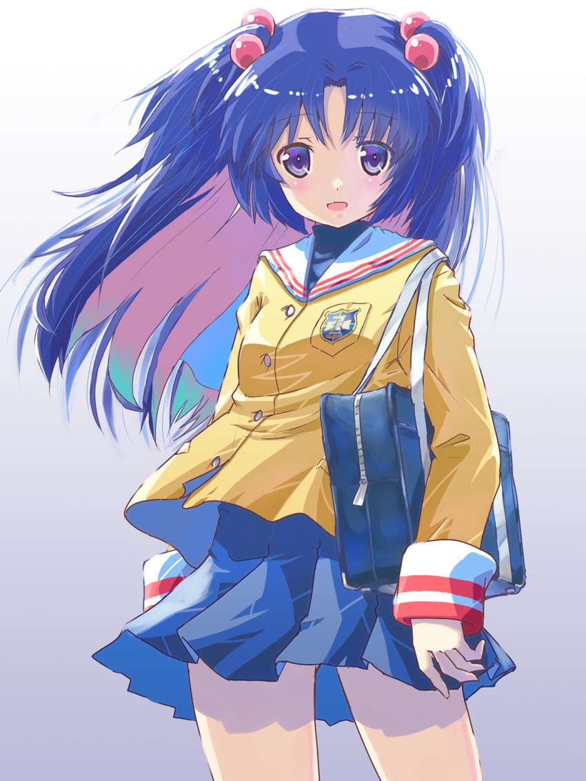 1girl :d akayama_yukihe bag blue_hair blue_skirt blush clannad commentary cowboy_shot eyes_visible_through_hair floating_clothes floating_hair grey_background hair_bobbles hair_ornament highres hikarizaka_private_high_school_uniform holding holding_bag ichinose_kotomi jacket long_hair long_sleeves looking_at_viewer miniskirt open_mouth parted_bangs pleated_skirt sailor_collar school_bag school_uniform simple_background skirt smile solo standing two_side_up violet_eyes white_sailor_collar wind wind_lift yellow_jacket