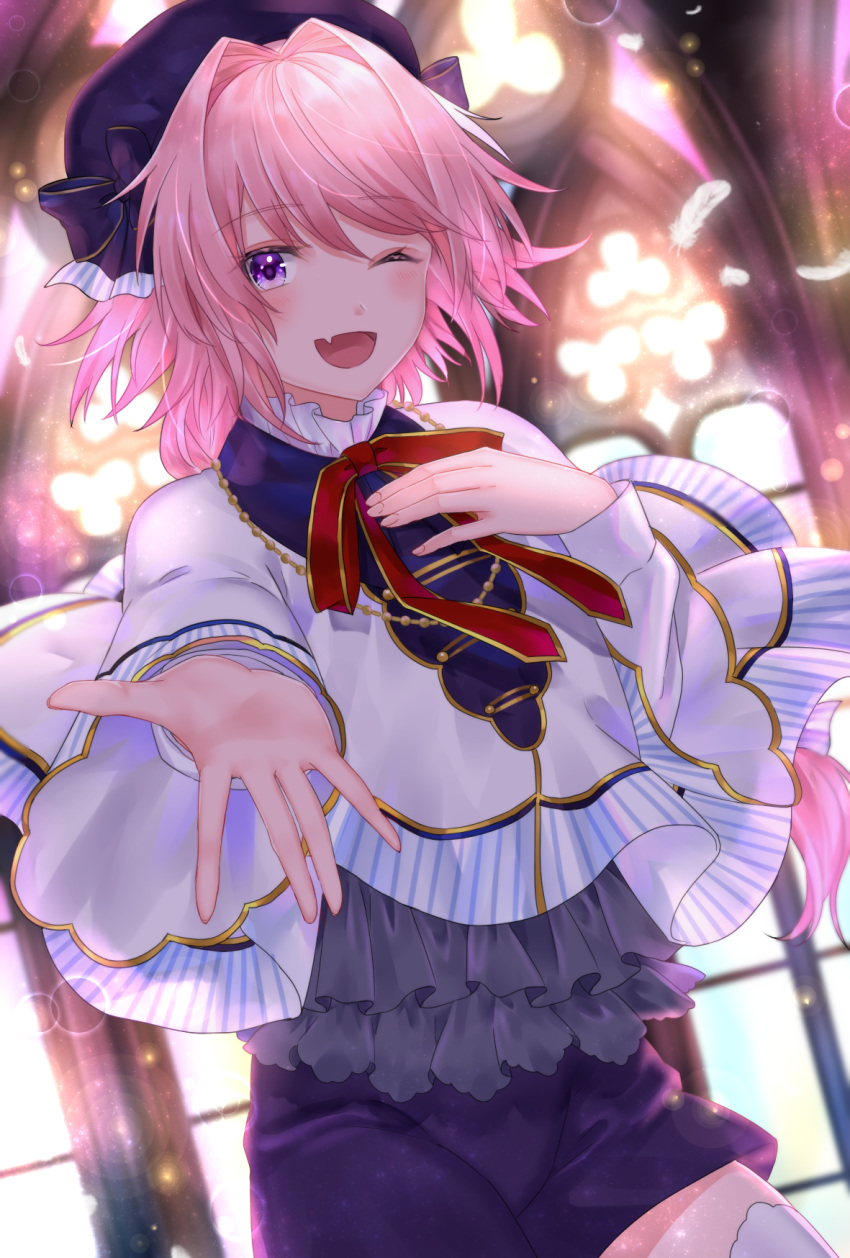 1boy :d astolfo_(angel_breath)_(fate) astolfo_(fate) azaka_(rionrita) backlighting beckoning beret blue_headwear blue_shorts blush bow bowtie cloak commentary_request fang fate/grand_order fate_(series) fingernails frilled_shirt_collar frills grey_shirt hair_between_eyes hair_intakes hands_on_own_chest hat highres indoors long_braid long_hair male_focus official_alternate_costume one_eye_closed open_mouth otoko_no_ko pink_hair reaching reaching_towards_viewer red_bow red_bowtie shirt shorts skin_fang smile thigh-highs violet_eyes white_cloak white_thighhighs