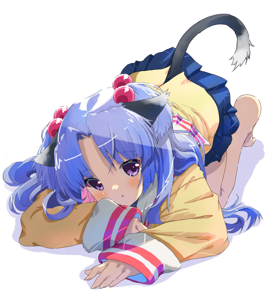 1girl absurdres akayama_yukihe animal_ears barefoot black_tail blue_hair blue_skirt blunt_ends blush cat_ears cat_girl cat_tail clannad commentary full_body hair_bobbles hair_ornament hair_spread_out head_tilt highres hikarizaka_private_high_school_uniform ichinose_kotomi jacket long_hair looking_at_viewer miniskirt parted_bangs parted_lips pleated_skirt sailor_collar school_uniform simple_background skirt sleeves_past_wrists solo tail tiptoes top-down_bottom-up two_side_up violet_eyes white_background white_sailor_collar yellow_jacket