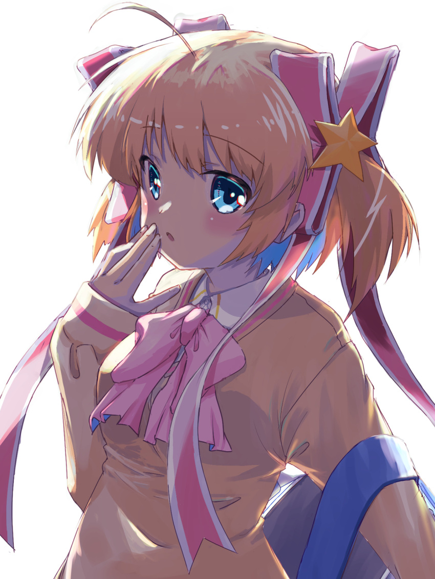 1girl ahoge akayama_yukihe backlighting bag blonde_hair blue_eyes blush bow commentary dark eyelashes finger_to_mouth fingernails hair_between_eyes hair_ornament hair_ribbon hand_up highres holding holding_bag kamikita_komari little_busters! long_ribbon looking_at_viewer medium_hair open_mouth parted_lips pink_bow red_ribbon ribbon school_bag school_uniform simple_background sleeves_past_wrists solo spiky_hair star_(symbol) star_hair_ornament sweater two_side_up upper_body white_background yellow_sweater