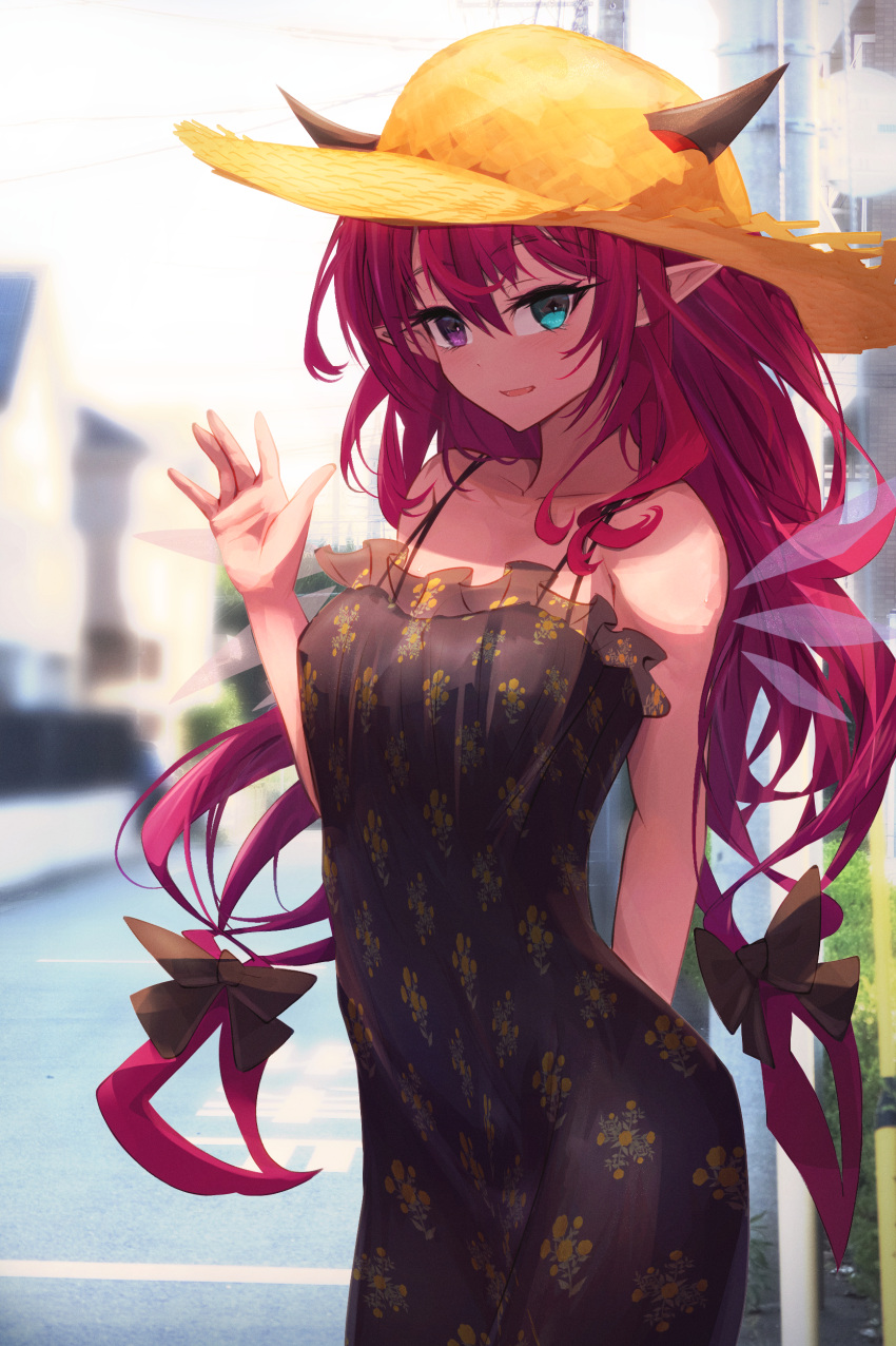 1girl absurdres black_bow black_dress blue_eyes blush bow detached_wings dress getto hair_bow hat heterochromia highres hololive hololive_english horns irys_(hololive) long_hair looking_at_viewer multicolored_hair pointy_ears purple_hair redhead sleeveless sleeveless_dress smile solo straw_hat twintails two-tone_hair violet_eyes virtual_youtuber waving wings