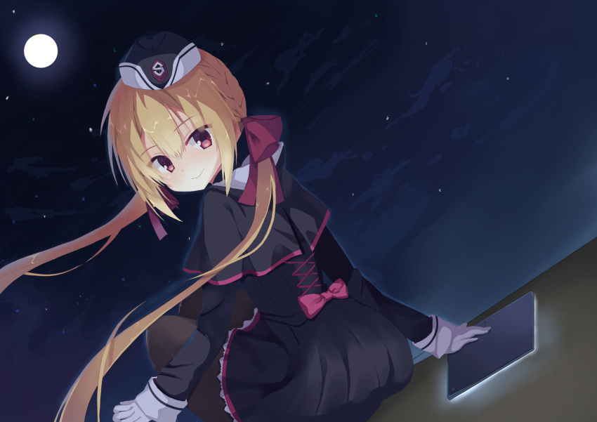 1girl arihara_nanami arm_at_side back_bow black_capelet black_dress black_headwear black_pantyhose blonde_hair blush bow capelet closed_mouth commentary_request dress dutch_angle eyes_visible_through_hair floating_hair frilled_dress frills from_behind full_moon garrison_cap hair_between_eyes hair_bow hat highres knees_up long_hair looking_at_viewer looking_back low_twintails military_uniform moon night night_sky pantyhose partial_commentary red_bow red_eyes riddle_joker short_dress sitting sky smile solo twintails uniform ushi-chan_(usityann) very_long_hair