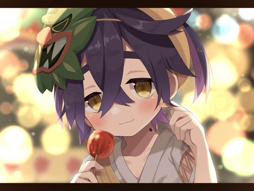 1boy black_hair blurry blurry_background blush candy_apple closed_mouth collarbone commentary_request crossed_bangs food grey_shirt hair_between_eyes hands_up highres holding kieran_(pokemon) looking_at_viewer male_focus mask mask_on_head meranoreuka_(naokentak) mole mole_on_neck pokemon pokemon_(game) pokemon_sv shirt short_hair short_sleeves smile solo upper_body yellow_eyes