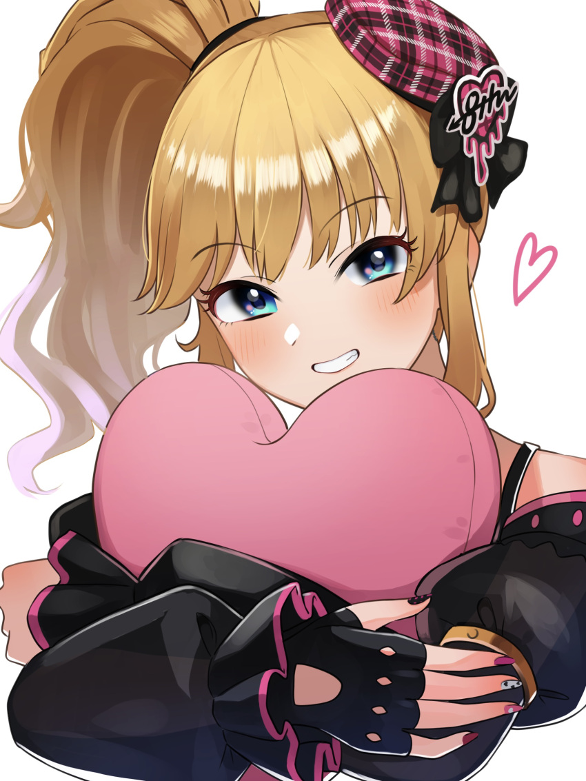 1girl bare_shoulders black_gloves black_nails blonde_hair blue_eyes blush detached_sleeves fingerless_gloves gloves grin heart heart_pillow highres hugging_object idolmaster idolmaster_cinderella_girls idolmaster_cinderella_girls_starlight_stage juliet_sleeves long_sleeves multicolored_hair multicolored_nails nail_polish nito_(ninjin) ohtsuki_yui pillow pillow_hug pink_hair pink_headwear pink_nails ponytail puffy_sleeves red_nails smile teeth two-tone_hair