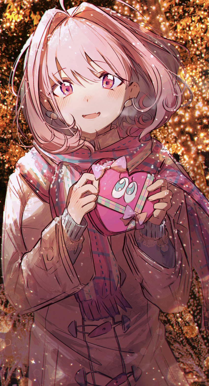1girl absurdres ahoge box breath coat earrings fang hair_between_eyes hair_intakes hamachamu hands_up heart-shaped_box highres holding holding_box idolmaster idolmaster_cinderella_girls jewelry looking_at_viewer multicolored_hair open_mouth pill_earrings pink_eyes pink_hair pink_scarf scarf skin_fang two-tone_hair upper_body valentine winter_clothes winter_coat yumemi_riamu