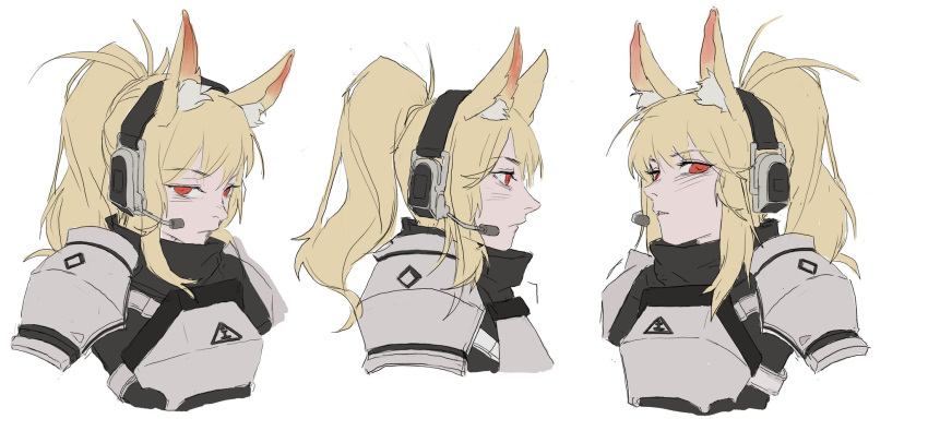 1girl animal_ear_fluff animal_ears arknights armor black_scarf blonde_hair breastplate cropped_torso from_side headset high_ponytail highres horse_ears horse_girl implied_extra_ears long_hair multiple_views nearl_(arknights) parted_lips pauldrons plate_armor ponytail profile red_eyes rhodes_island_logo scarf shoulder_armor simple_background sinnbunn sketch upper_body white_background