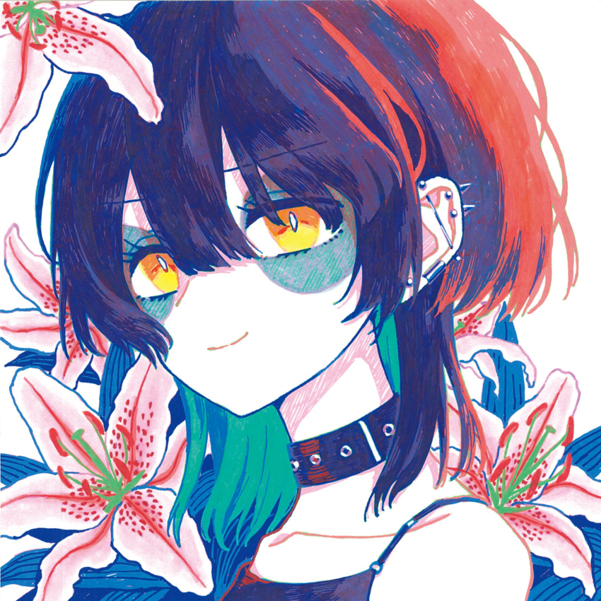 1girl bags_under_eyes bare_shoulders black_choker black_hair black_shirt choker closed_mouth collarbone commentary_request ear_piercing earrings flower hair_between_eyes highres indie_virtual_youtuber jewelry lily_(flower) limited_palette looking_at_viewer mizuinokima piercing portrait shirt short_hair smile solo virtual_youtuber white_background yellow_eyes yosumi_(vtuber)