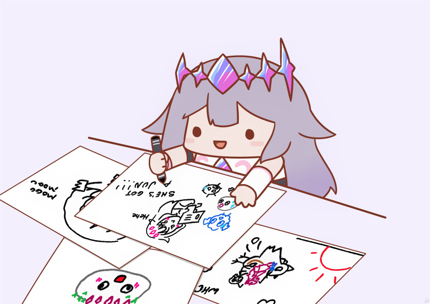 1girl :d absurdres blush_stickers bracelet chibi child's_drawing drawing english_text gem gradient_hair grey_background highres hololive hololive_english jewelry koseki_bijou long_hair multicolored_hair open_mouth paper pebble_(koseki_bijou) phdpigeon purple_hair simple_background single_arm_guard smile solid_oval_eyes solo tiara upper_body virtual_youtuber