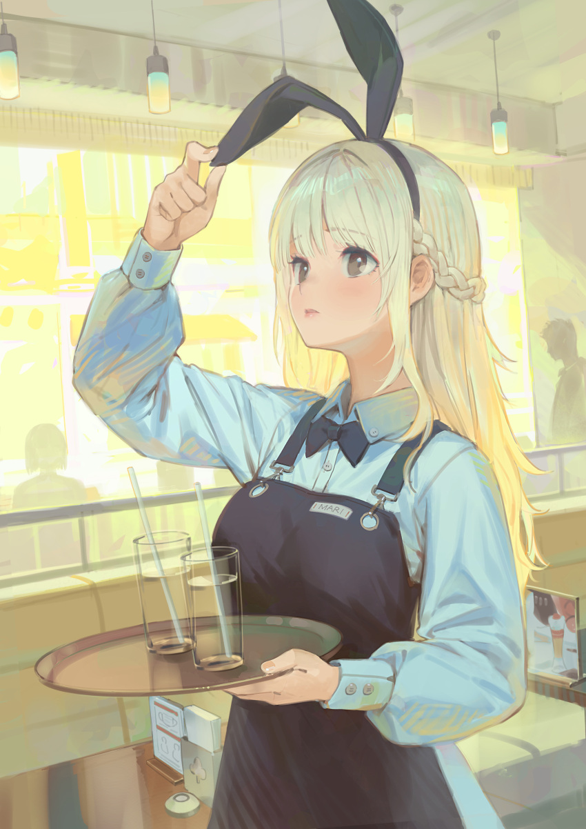 1girl absurdres animal_ears apron arm_up black_apron black_bow black_bowtie black_hairband blonde_hair blue_shirt bow bowtie braid breasts brown_eyes collared_shirt commentary_request cup ddal dress_shirt drinking_glass drinking_straw fake_animal_ears hairband hand_on_own_ear highres holding holding_tray indoors long_hair medium_breasts original parted_lips rabbit_ears shirt silhouette solo_focus tray very_long_hair