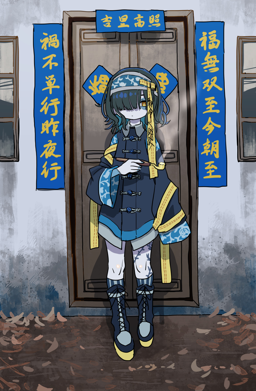 1girl absurdres bags_under_eyes blue_flower blue_footwear blue_hairband blue_jacket blunt_bangs boots closed_mouth commentary_request door floral_print flower full_body green_hair hair_over_one_eye hairband highres holding holding_smoking_pipe indie_virtual_youtuber jacket jiangshi leg_tattoo long_sleeves looking_at_viewer one_eye_covered outdoors pale_skin short_hair smoke smoking_pipe socks solo standing stitched_arm stitches striped striped_socks tattoo translation_request virtual_youtuber wall window yellow_eyes yosumi_(vtuber) zinbei
