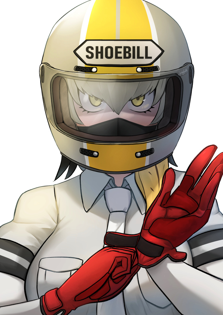 1girl adjusting_clothes adjusting_gloves blonde_hair breast_pocket character_name collared_shirt covered_mouth gloves grey_hair grey_shirt hair_between_eyes hands_up helmet highres john_(a2556349) kemono_friends layered_sleeves long_hair long_sleeves looking_at_viewer motorcycle_helmet multicolored_hair necktie pocket shirt shoebill_(kemono_friends) short_over_long_sleeves short_sleeves side_ponytail solo upper_body white_necktie wing_collar yellow_eyes