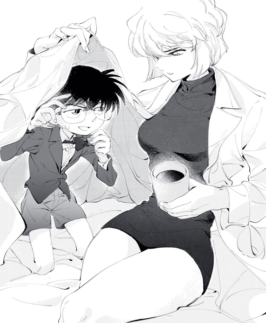 1boy 1girl age_difference black_hair blonde_hair bow bowtie coffee_mug commentary cup dress ebi_draw edogawa_conan formal glasses greyscale highres looking_at_another meitantei_conan miyano_shiho monochrome mug on_bed onee-shota short_hair shorts sitting sweat symbol-only_commentary turtleneck white_background