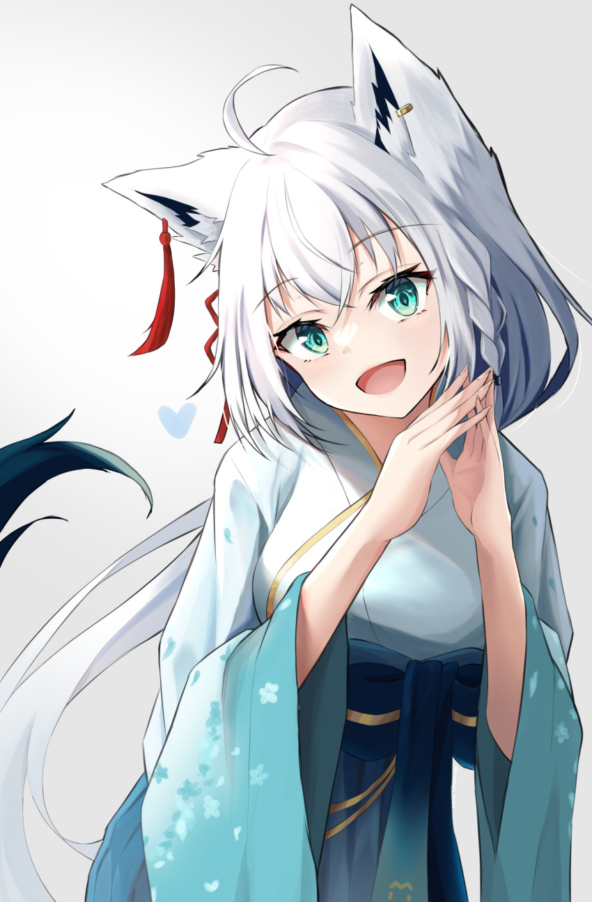 1girl ahoge animal_ear_fluff animal_ears blue_kimono braid commentary_request earrings fox_ears fox_girl fox_tail green_eyes hair_between_eyes hair_ornament heart highres hololive japanese_clothes jewelry kimono long_hair looking_at_viewer open_mouth own_hands_together shirakami_fubuki sidelocks simple_background single_braid smile solo tail unknown_(riseillustrator) virtual_youtuber white_background white_hair white_kimono