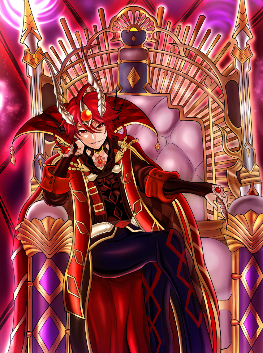 1boy absurdres crossed_legs demon_horns duel_monster forehead_jewel hand_on_own_cheek hand_on_own_face highres horns red_eyes redhead robe sitting sitting_on_object the_bystial_aluber throne user_zsru8573 yu-gi-oh!