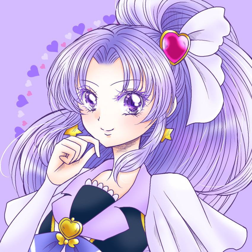 1girl black_vest brooch closed_mouth cure_fortune earrings hair_ornament hair_ribbon hand_to_own_mouth happinesscharge_precure! heart heart_brooch heart_hair_ornament hikawa_iona jewelry long_hair magical_girl parted_bangs ponytail precure purple_background purple_hair ribbon shirt shopan_(melody1015jump) short_sleeves smile solo star_(symbol) star_earrings upper_body vest violet_eyes white_ribbon white_shirt wide_ponytail