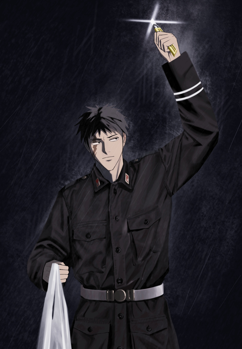 1boy arm_up bag black_coat black_eyes black_hair boxcutter buraiden_gai buttons closed_mouth coat commentary cowboy_shot dated_commentary expressionless fr1sky glint highres holding holding_bag holding_boxcutter kudou_gai long_sleeves looking_to_the_side male_focus military_uniform plastic_bag pocket rain scar scar_across_eye shirt short_bangs short_hair solo uniform very_short_hair