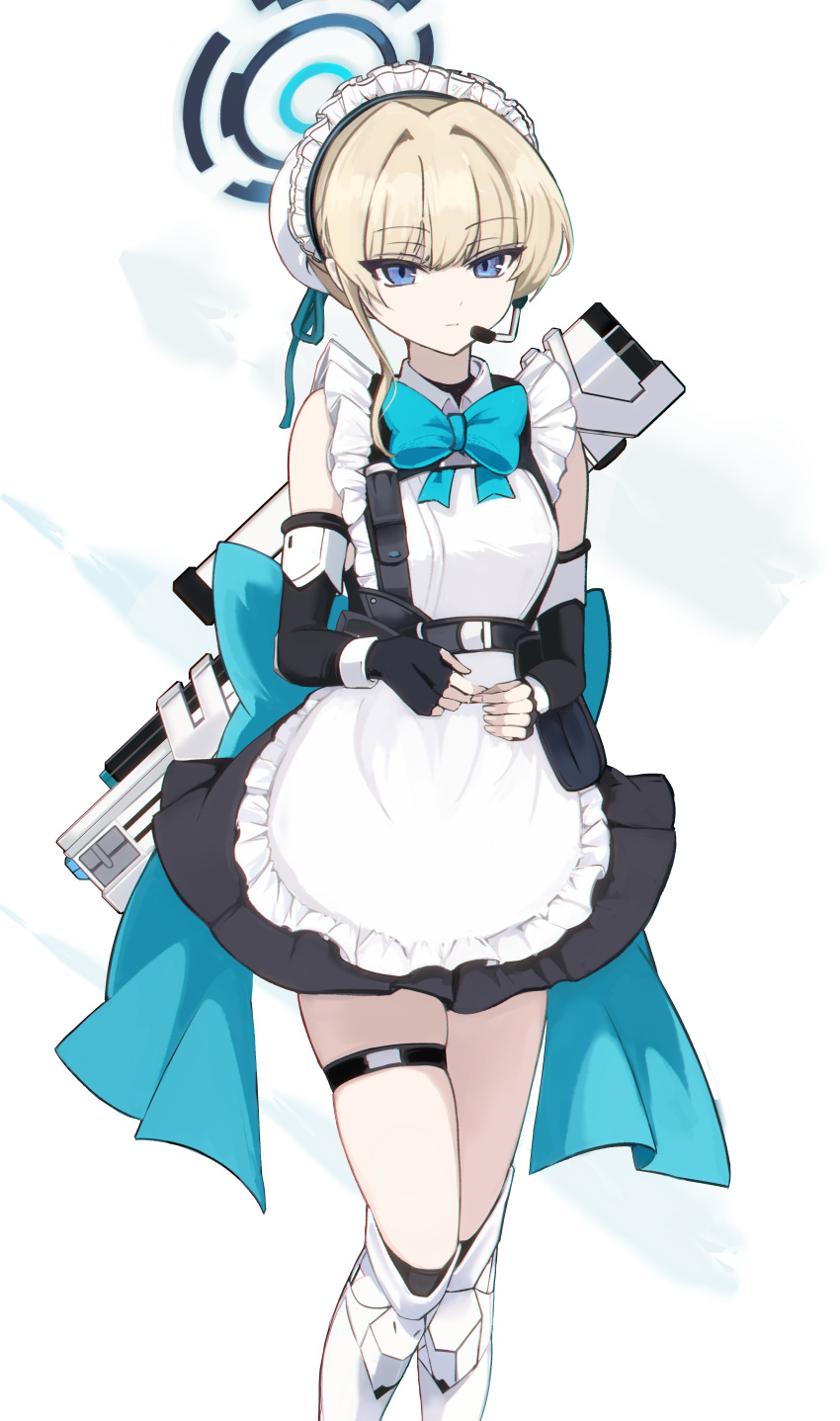 1girl absurdres apron back_bow blonde_hair blue_archive blue_bow blue_bowtie blue_eyes blue_ribbon bow bowtie breasts bun_cover closed_mouth commentary earpiece elbow_gloves feet_out_of_frame fingerless_gloves gloves hair_bun hair_ribbon halo highres looking_at_viewer maid maid_apron maid_headdress medium_breasts multicolored_hair onmoynn ribbon short_hair single_hair_bun solo streaked_hair tactical_maid thigh_strap toki_(blue_archive) unconventional_maid white_apron