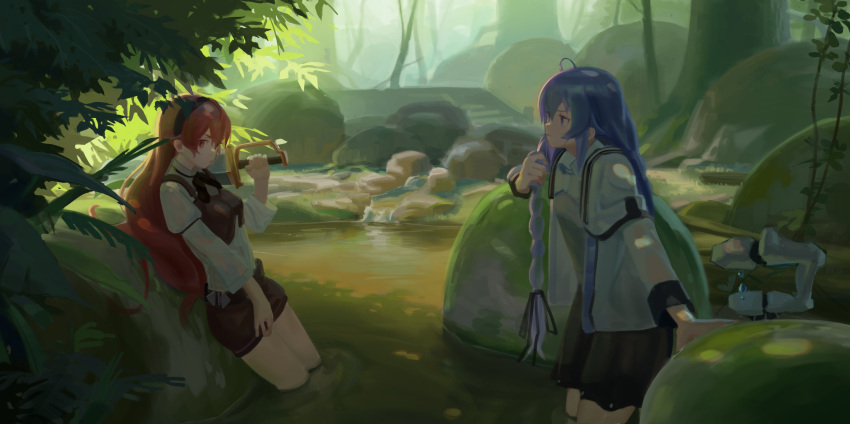 2girls absurdres against_rock ahoge angry black_skirt blue_eyes blue_hair braid breasts brown_shorts eris_greyrat from_side hair_between_eyes highres holding holding_sword holding_weapon in_water long_hair long_sleeves looking_at_another mage_staff moss multiple_girls mushoku_tensei outdoors red_eyes redhead robe roxy_migurdia shirt shorts skirt small_breasts staff straight_hair sword toxic_(toxicv) very_long_hair wading weapon wet wet_clothes white_robe white_shirt