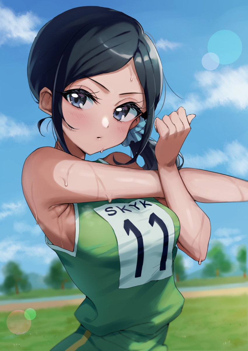 1girl absurdres black_hair blue_eyes blue_scrunchie blue_sky blurry blurry_background blush closed_mouth clouds cloudy_sky commentary day depth_of_field frown green_shirt green_shorts hair_ornament hair_scrunchie healin'_good_precure highres jikai_ing lens_flare looking_at_viewer mountainous_horizon outdoors precure sawaizumi_chiyu scrunchie shirt short_ponytail shorts sidelocks sky sleeveless sleeveless_shirt solo stretching sweat swept_bangs track_uniform upper_body