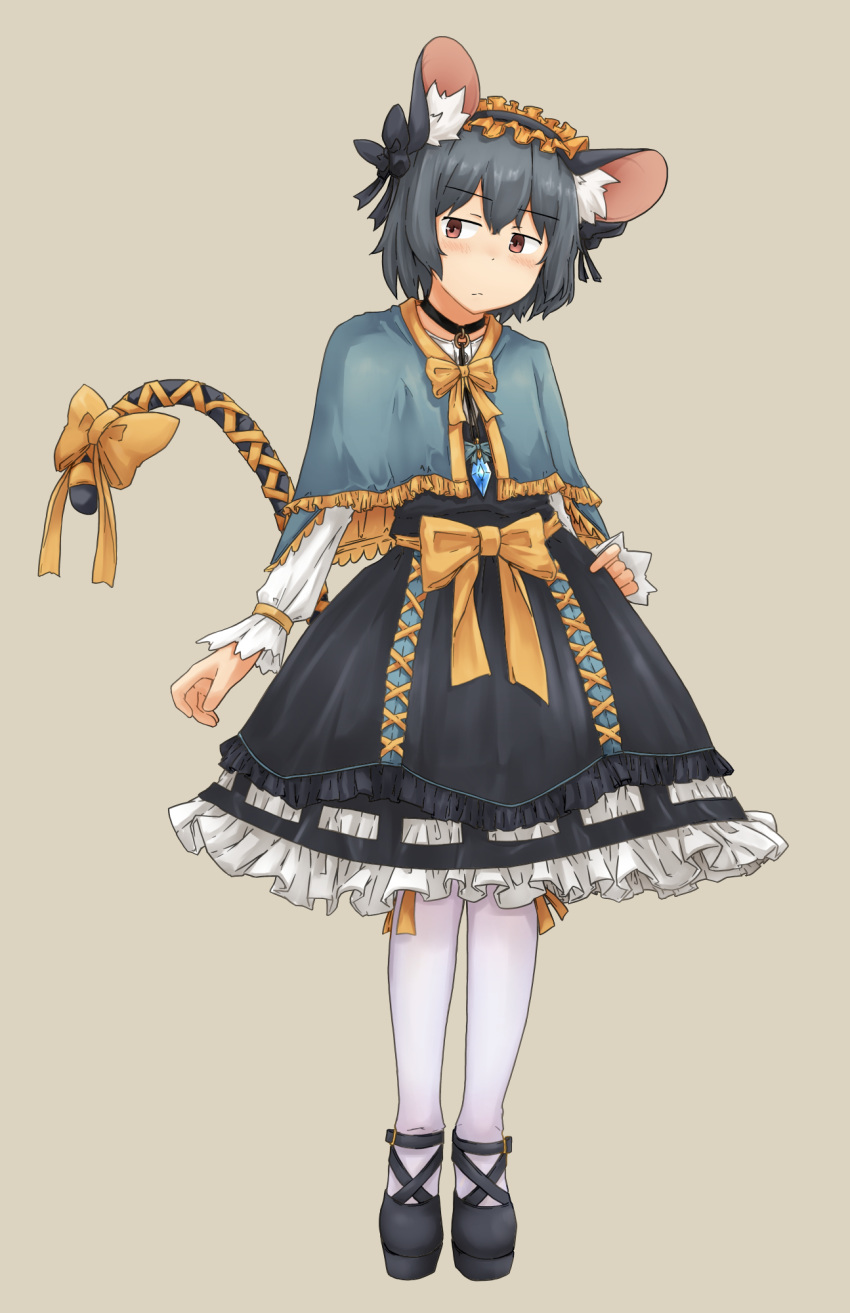 1girl adapted_costume animal_ears black_bow black_dress blue_cape bow brown_eyes cape chagamaka dress grey_hair hair_bow highres looking_to_the_side mouse_ears mouse_girl mouse_tail nazrin shirt short_hair solo tail thigh-highs touhou white_shirt white_thighhighs yellow_bow