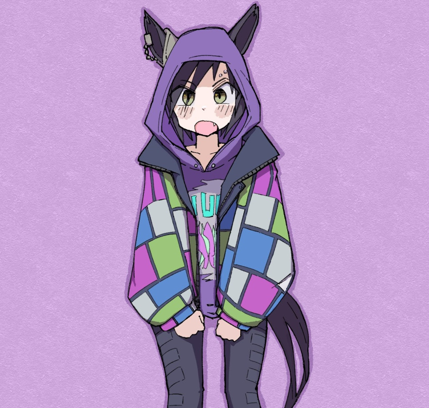 1girl air_shakur_(umamusume) animal_ears black_hair black_pants blush ears_through_hood eyebrow_piercing fang feet_out_of_frame hood hood_up hoodie horse_ears horse_girl horse_tail jacket long_sleeves looking_at_viewer open_clothes open_jacket open_mouth pants piercing purple_hoodie sleeves_past_wrists solo standing straight-on sudzume tail umamusume v_arms yellow_eyes