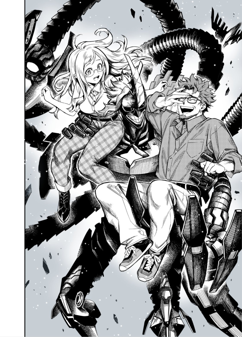 1girl 2boys all_might armored_gloves beard belt belt_buckle blush boku_no_hero_academia breast_pocket buckle buttons carrying carrying_person child_carry closed_eyes clothing_request collared_shirt colored_sclera cowboy_shot crack cross-laced_footwear crosshatching curly_hair david_shield debris dress_shirt facial_hair floating_hair gb0071fg grey_background greyscale grin hand_on_another's_thigh hand_on_another's_waist hand_on_own_face hands_up happy hatching_(texture) high-waist_pants highres laughing long_hair mechanical_tentacles melissa_shield monochrome multiple_boys official_alternate_costume open_collar pants plaid plaid_pants pocket power_armor rimless_eyewear round_teeth science_fiction shirt shoes short_hair short_sleeves sidelocks sitting_on_shoulder sleeves_past_elbows sleeves_rolled_up smile sneakers spoilers swept_bangs tearing_up tears teeth turning_head unmoving_pattern upper_teeth_only wing_collar yagi_toshinori