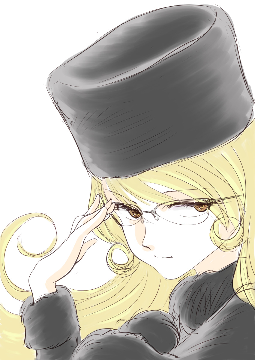 1970s_(style) 1980s_(style) 1girl absurdres adjusting_eyewear blonde_hair brown_eyes coat commentary_request fur_coat fur_hat ginga_tetsudou_999 glasses hat highres looking_at_viewer maetel matsumoto_leiji_(style) portrait retro_artstyle serious sketch upper_body white_background yunarisaharuka