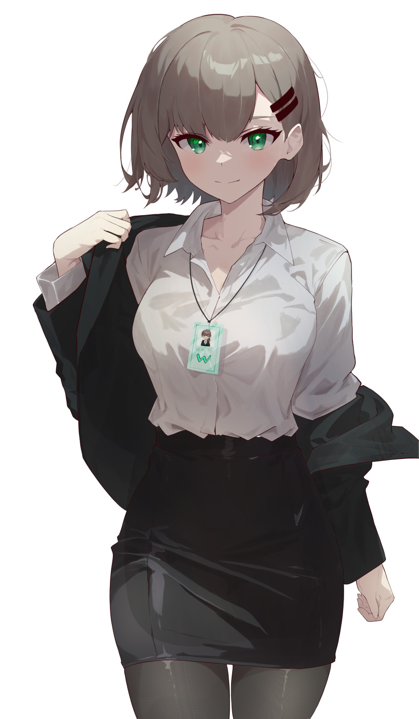 1girl absurdres black_jacket black_skirt blush brown_hair closed_mouth collared_shirt commentary green_eyes hair_ornament highres id_card jacket lanyard long_sleeves nvem8738 pantyhose pencil_skirt removing_jacket shirt shirt_tucked_in short_hair simple_background skirt skirt_suit smile solo split_mouth suit viichan virtual_youtuber waktaverse white_background white_shirt