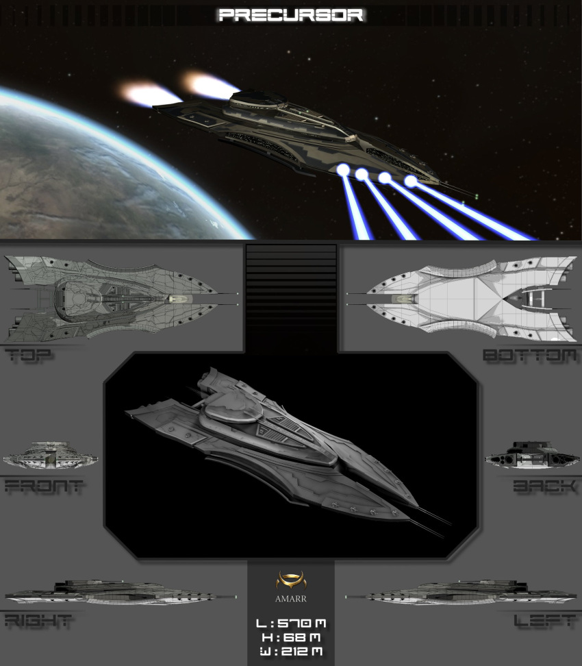 3d amarr_empire_(eve_online) battlecruiser_(eve_online) cannon commentary concept_art derpizzadieb energy energy_beam energy_cannon eve_online firing flying from_side glowing highres in_orbit laser_cannon military_vehicle multiple_views no_humans original outdoors planet science_fiction sky spacecraft star_(sky) starry_sky thrusters turret vehicle_focus