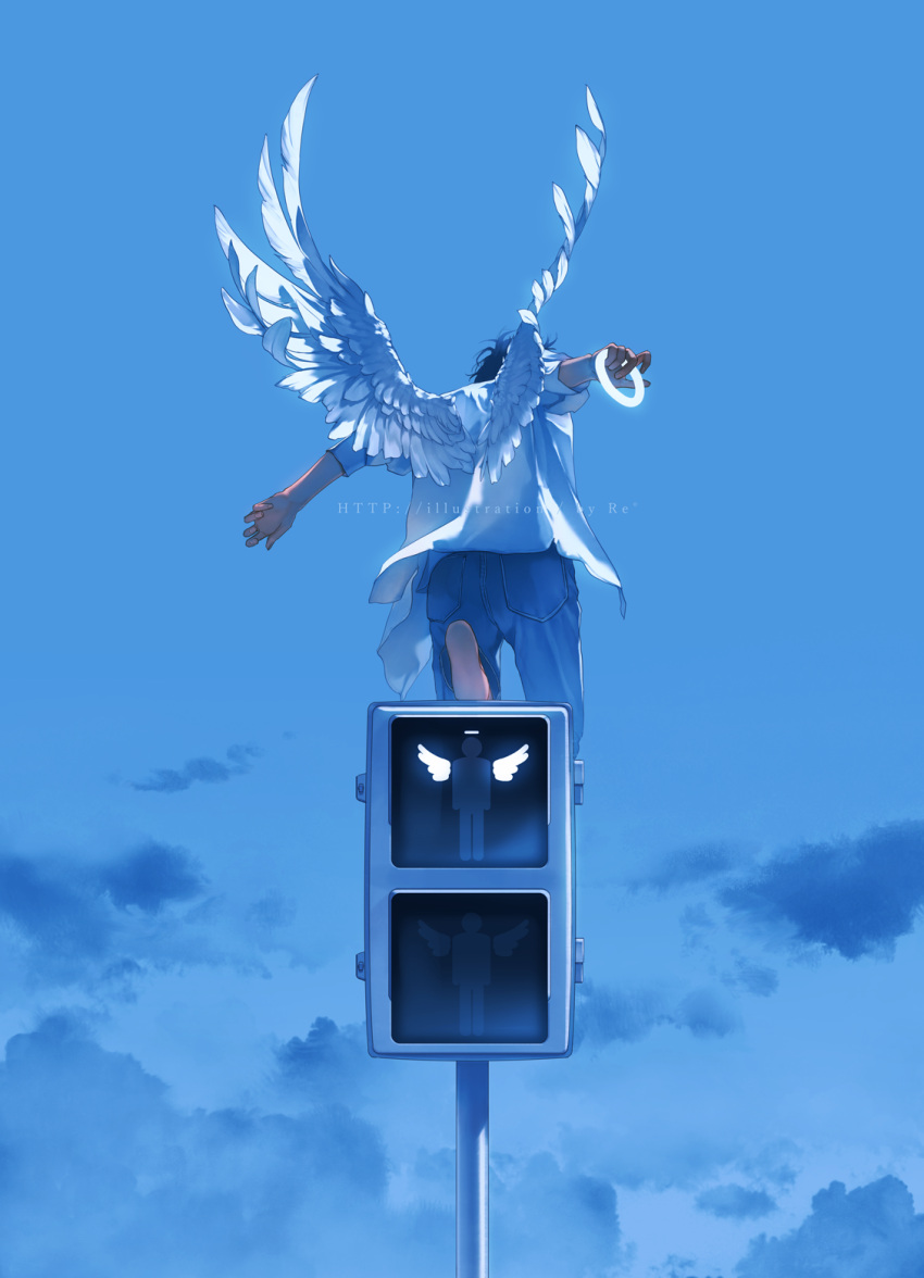 angel angel_wings black_hair blue_pants blue_sky clouds feathered_wings from_behind halo highres holding_halo original pants pedestrian_lights rido_(ridograph) shirt short_hair sky solo white_shirt wings