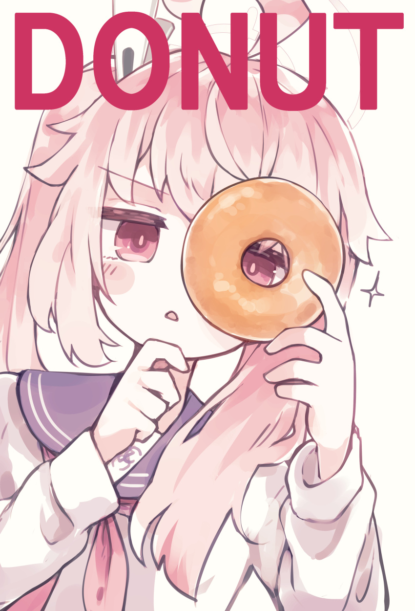 1girl absurdres ahoge asymmetrical_sidelocks blue_archive blush_stickers clothes_pin commentary_request damao_(kiwa777) doughnut dutch_angle english_text finger_to_own_chin food hair_flaps halo highres holding holding_food looking_at_viewer looking_through_doughnut natsu_(blue_archive) neckerchief open_mouth pink_eyes pink_hair purple_neckerchief red_neckerchief school_uniform serafuku shirt side_ponytail simple_background solo sparkle upper_body v-shaped_eyebrows white_background white_shirt