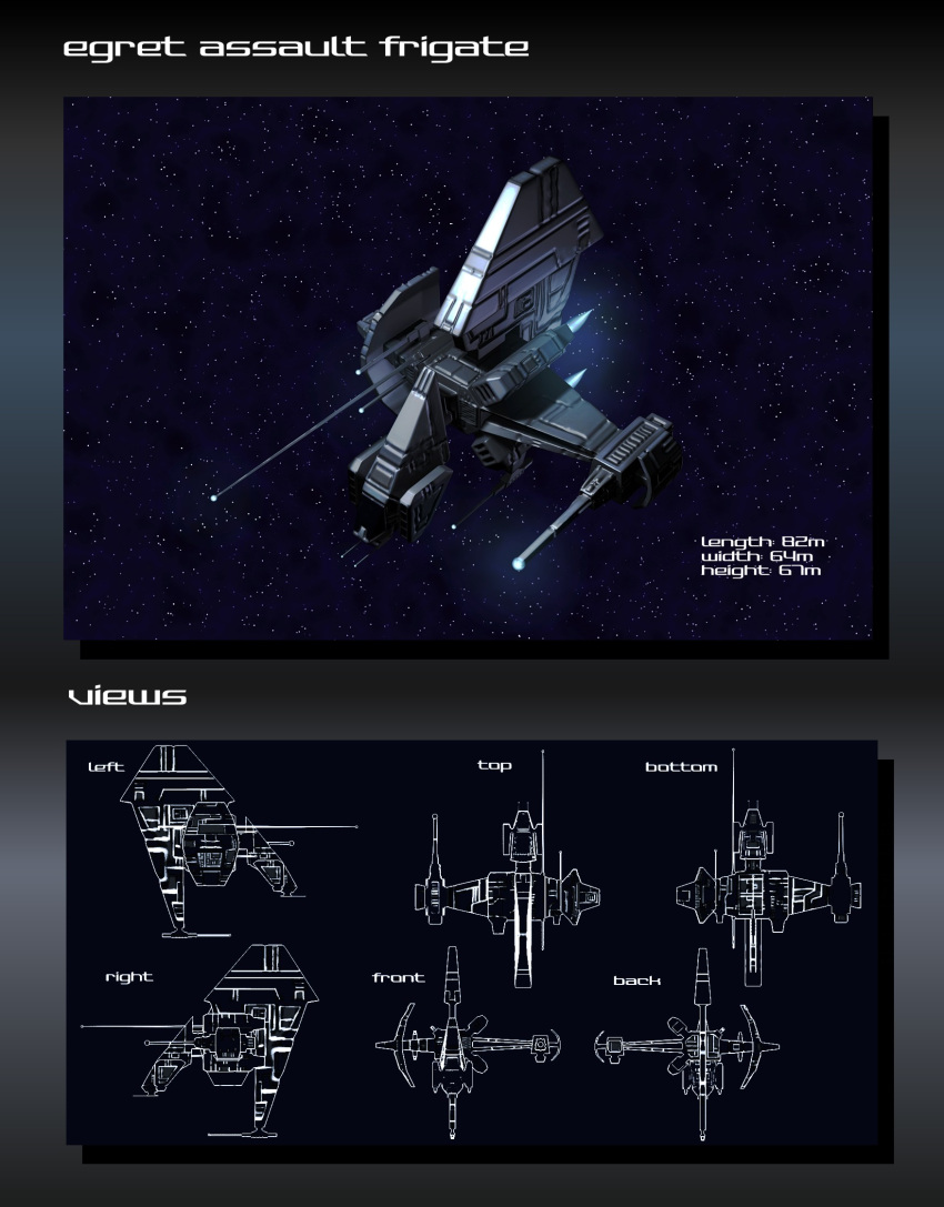 3d assault_ship_(eve_online) caldari_state_(eve_online) commentary concept_art english_text eve_online flying frigate_(eve_online) glowing highres military_vehicle multiple_views no_humans original outdoors radio_antenna science_fiction sky space spacecraft star_(sky) starry_sky tech_2_ship_(eve_online) thrusters toneloperu vehicle_focus