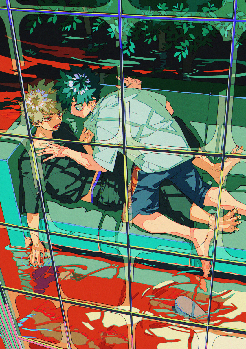2boys aqua_eyes aqua_hair bakugou_katsuki barefoot black_pants black_shirt blonde_hair blue_male_underwear blue_shirt boku_no_hero_academia bright_pupils cel_shading chromatic_aberration commentary_request couch cover cover_page doujin_cover eye_contact eyebrows_hidden_by_hair face-to-face feet_on_chair film_grain flood freckles from_outside from_side glass hand_on_another's_chest hands_up highres indoors kneeling leaf leaning_forward light ligne_claire liquid looking_at_another lower_teeth_only male_focus male_underwear midoriya_izuku multiple_boys on_couch open_mouth pants parted_lips partial_commentary partially_immersed plant profile reclining red_eyes reflection reflective_water ripples sandals sandals_removed sanpaku scar scar_on_hand shadow shirt shirt_grab short_hair short_sleeves shorts soaking_hands souko_(floyd) spiky_hair t-shirt teeth textless_version underwear white_pupils window_shade