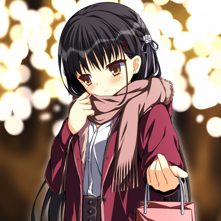 1girl asagi_nanami bag black_hair blurry blurry_background blush braid cafe_stella_to_shinigami_no_chou casual city_lights closed_mouth coat commentary_request earrings enpera eyelashes flower frown hair_between_eyes hair_flower hair_ornament hair_ribbon hairclip hand_up head_tilt highres holding holding_bag holding_clothes holding_scarf incoming_gift jewelry long_hair looking_to_the_side mole mole_under_eye official_alternate_costume open_clothes open_coat pink_ribbon pink_scarf red_coat ribbon scarf shiki_natsume shirt shy side_braid simple_background solo straight_hair stud_earrings upper_body valentine very_long_hair white_flower white_shirt yellow_eyes