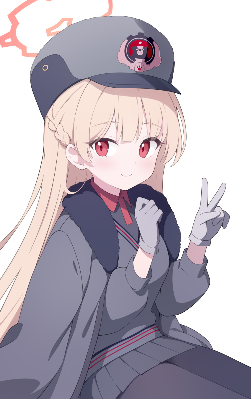 1girl absurdres black_pantyhose blonde_hair blue_archive braid closed_mouth coat commentary_request fur-trimmed_coat fur_hat fur_trim gloves grey_coat grey_gloves grey_headwear grey_skirt grey_sweater halo hat highres jyt long_hair long_sleeves miniskirt nodoka_(blue_archive) pantyhose pink_halo pleated_skirt red_eyes simple_background skirt smile solo sweater ushanka white_background